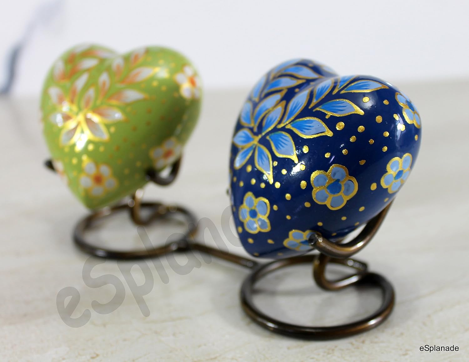 Set of 2 Size 3 Color Blue and green eSplanade Mini Heart-Shaped Cremation Urn Keepsakes Memorial Jar Pot Container - Set of 2 | Small Urns for Funeral Ashes Burial | Multi Printed Metal Keepsakes | Blue and Green - 3 Inches